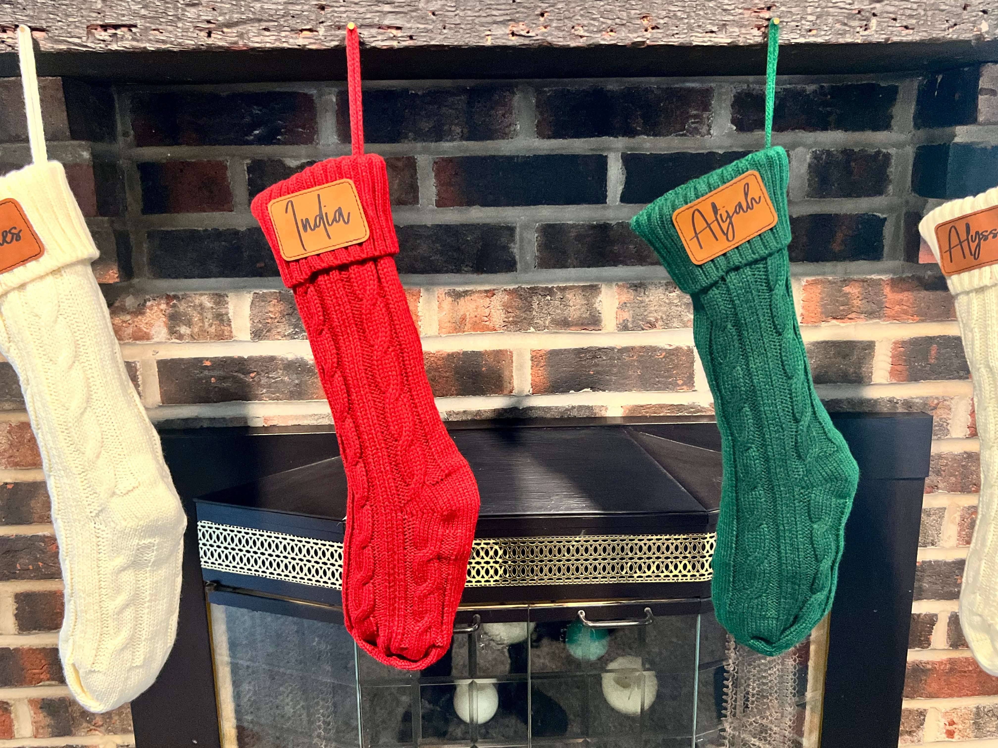 Customizable Cable Knit Family Christmas Stockings with Personalized Leatherette Patches