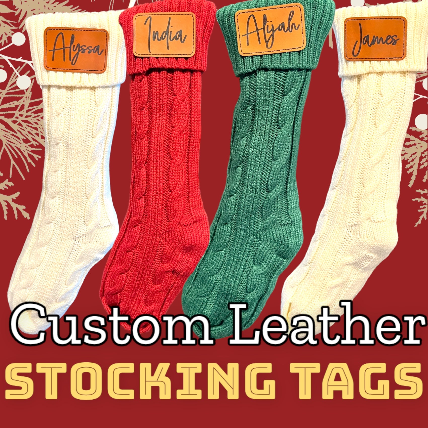 Customizable Cable Knit Family Christmas Stockings with Personalized Leatherette Patches