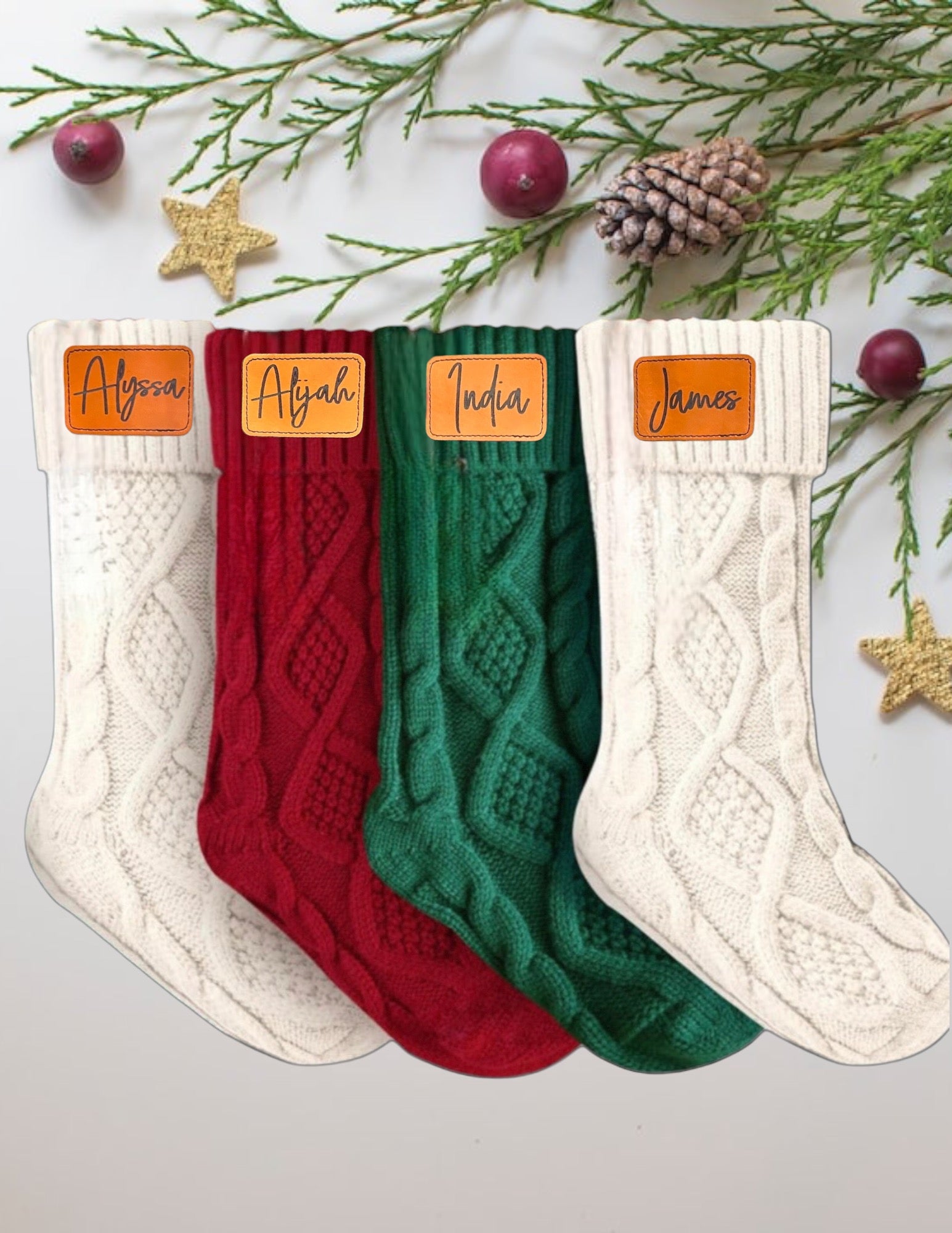 Customizable Cable Knit Family Christmas Stockings with Personalized Leatherette Patches